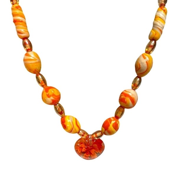 Heart Pendant Murano Style Glass Bead Necklace Orange - Picture 6 of 11